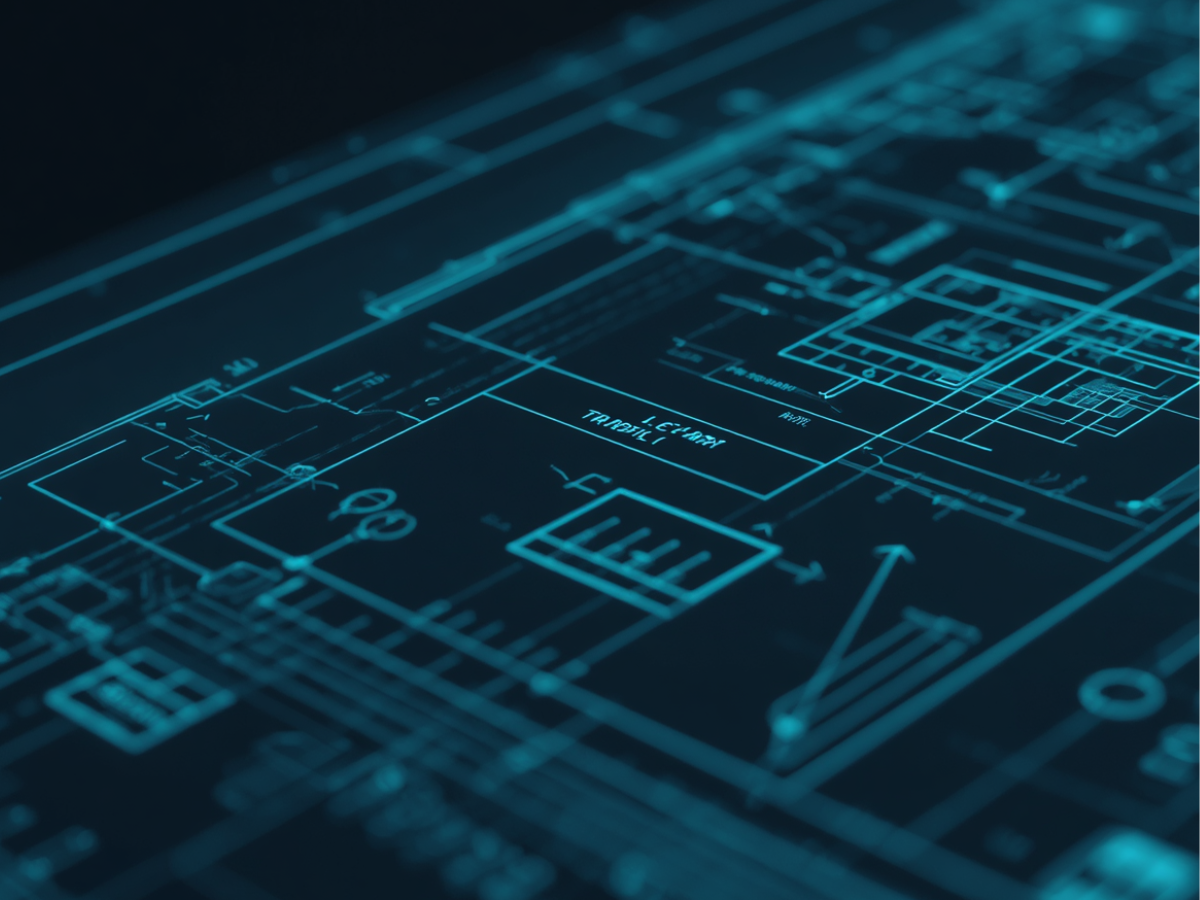 Close-up of a teal engineering blueprint showing plant layout and process detail